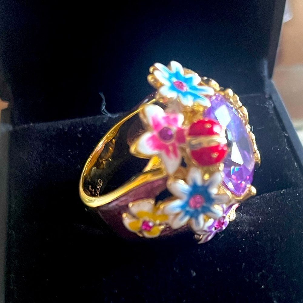 Purple Topaz Floral Garden Design Ring 18K Gold Plated STAMPED Size 4.5-5 NEW - Picture 6 of 6